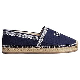 Dior Espadrillas in tulle blu navy con ricamo Oblique e pizzo di cotone bianco Blu