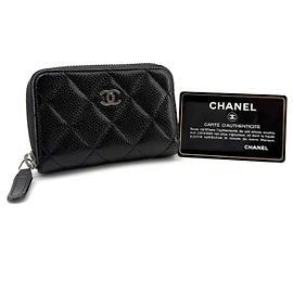 Chanel Caviar Silver Zip Card Holder Black