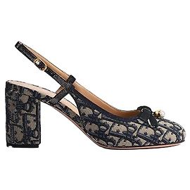 Dior Décolleté Slingback Ballet Blu Profondo Ricamo Oblique Cotton Blu