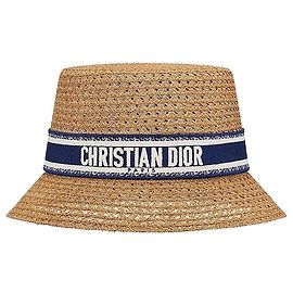 Dior D-Bobby schmalrandiger Strohhut in Navy Blau, besticktes Band in Ecru Blau