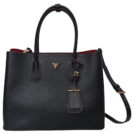 Prada Borsa a spalla double tote Medium in Saffiano nero e oro Nero