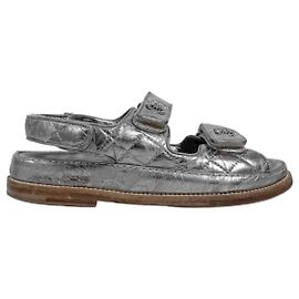 Chanel Women's CC Logo Velcro Mule Sandals Vintage Silver Silvery