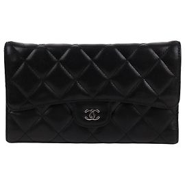 Chanel Classic Silver Hardware Lambskin Flap Long Wallet Black