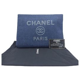 Chanel Deauville Medium Canvas Pouch Clutch Bag Case Navy Blue