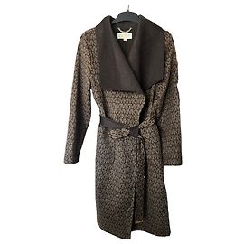 Michael Kors Wool Blend Logo Jacquard Wrap Belted Brown  Coat size L Brown Monogram