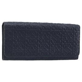 LOEWE Anagram Long Wallet Leather Navy Silver Auth bs36544 Silvery Navy blue