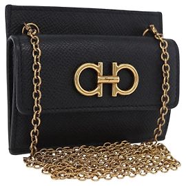 Salvatore Ferragamo Gancini Chain Card Case Leather Black Gold Auth 195519M Black Golden