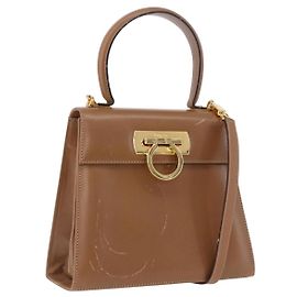 Sac à main Salvatore Ferragamo Gancini en cuir 2way Marron Or Auth 196812 Marron Doré