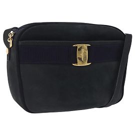 Sac à épaule Salvatore Ferragamo Vala en daim Navy Gold Auth ka5596 Doré Bleu Marine