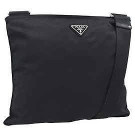 PRADA Shoulder Bag Nylon Black Silver Auth 196146A Black Silvery