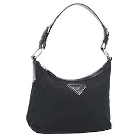 PRADA Shoulder Bag Nylon Black Silver Auth 196016A Black Silvery