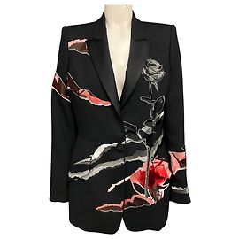 Alexander McQueen Black / Pink / Red Multi Rose Embroidered Blazer Jacket Black