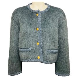 Céline Celine Blaues gebürsteter Mohair Cropped Cardigan mit Goldknöpfen Blau