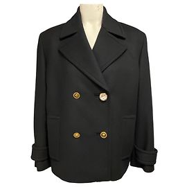 Versace Black Double Breasted Wool Pea Coat with Gold Medusa Medallion and Crystal Buttons Black