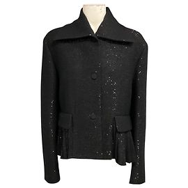 Rochas Black Sequined Wool Pleated Hem Jacket Black