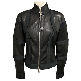 Casaco de couro preto Dsquared2 com fecho frontal e acabamento em tecido Preto
