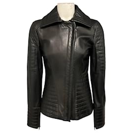 Oscar de la Renta Black Quilted Leather Zip Front Jacket Black