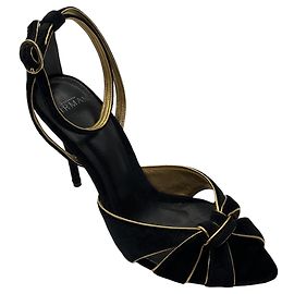 Alexandre Birman Black / Gold Leather Trim Velvet Retro Sandals with Ankle Strap Black