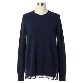 Sacai Navy Blue Wool Knit Pullover Sweater with Sheer Chiffon Back Navy blue