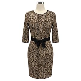 Giambattista Valli Tan / Brown / Black Bow Detail Leopard Print Wool and Cashmere Knit Midi Dress Camel