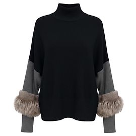 Agnona Kaschmir-Strickpullover mit Pelzbesatz Black / Grey / Taupe Schwarz