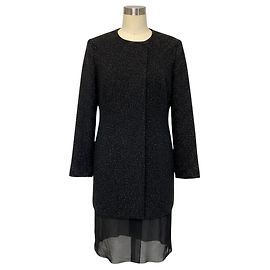 Jil Sander Black Multi Speckled Wool Coat with Sheer Silk Chiffon Hem Black