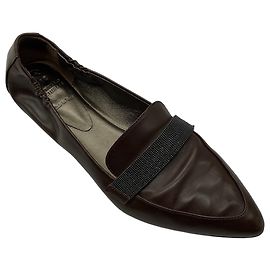 Brunello Cucinelli Brown Pointed Toe Leather Loafer Flats with Monili Brown