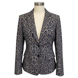 Autre Marque Ikram Navy Blue / Ivory Ikat Jacquard Two Button Blazer Jacket Navy blue