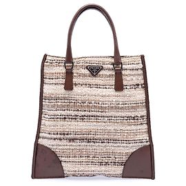 Tote plana em tweed com acabamento em Vitello Prada bege Bege