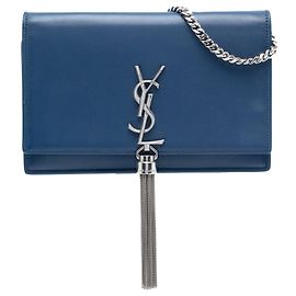 Borsa a tracolla Kate Tassel Small in pelle di vitello liscia blu con monogramma Saint Laurent Blu