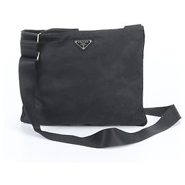 Prada Tessuto Nylon Triangle Logo Leather Messenger Bag Black
