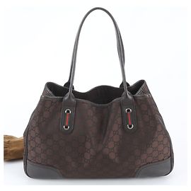 Borsa Tote Gucci Sherry Line GG in nylon e pelle Marrone scuro