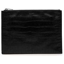 Saint Laurent Black Croc Embossed Leather Monogram Document Holder Black