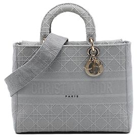 Dior Gray Large Embroidered Canvas Cannage Lady D Lite Marrone