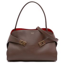 Salvatore Ferragamo Bolsa Hug Ferragamo Medium Bicolor em Pele de Bezerro Castanha Marrom Castanho escuro