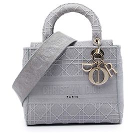 Dior Gray Medium Embroidered Canvas Cannage Lady D Lite Marrone Grigio