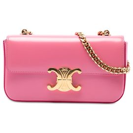 Céline Bolsa de Ombro Claude em Pele de Bezerro Brilhante Rosa com Corrente Celine Rosa