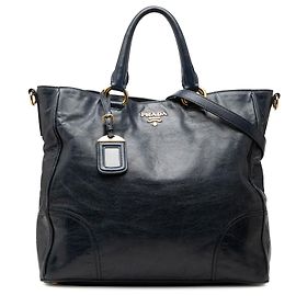 Sac cabas ouvert Prada Blue Vitello Shine Open Convertible Tote Bleu Bleu Marine