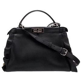 Fendi Peekaboo Black Leather Ruffle Top Handle Bag Black
