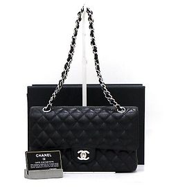 Chanel Black Caviar Classic Medium Silver Chain Shoulder Bag Black