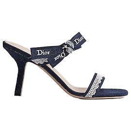 Dior Strap Heel Sandals Blue Oblique Embroidered Cotton White Lace Blue