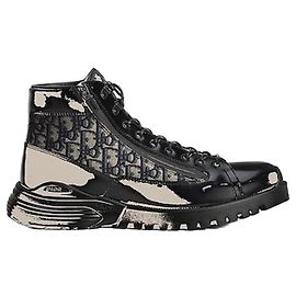 Dior Stivaletti combat in vitello lucido nero e jacquard Oblique beige e nero Marrone