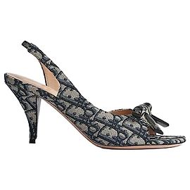 Dior Bow Heel Slingback Sandals Deep Blue Oblique Embroidery Cotton Blue