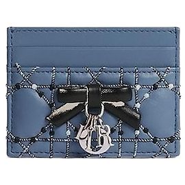 Dior Lady Riviera Priser Card Wallet Blue-Grey Cannage Lambskin Two-Tone Thread Embroidery Blue