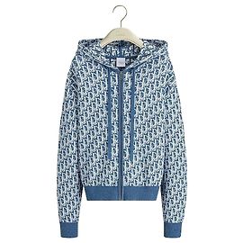 Cardigã com capuz e fecho de correr azul em jacquard de mistura de algodão Dior Oblique com efeito esponja Azul