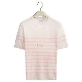 Dior Riviera Kurzarm-Pullover Weiß-Rosa Gestreift Leinen-Kaschmir-Seidenstrick Weiß