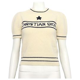 Dior Kurzarm-Pullover aus Woll-Kaschmir-Mischung in Ecru Weiß