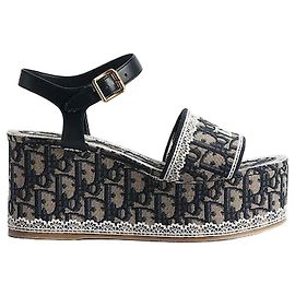Sandalias de cuña Azules Bordado Dior Oblique Algodón Encaje Blanco Azul