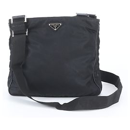 Prada Tessuto Nylon Triangle Logo Leather Messenger Bag Black
