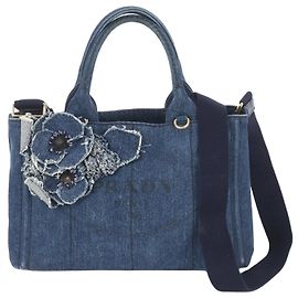 Prada Canapa Denim Flower Motif 2-Way Shoulder Bag Dark blue